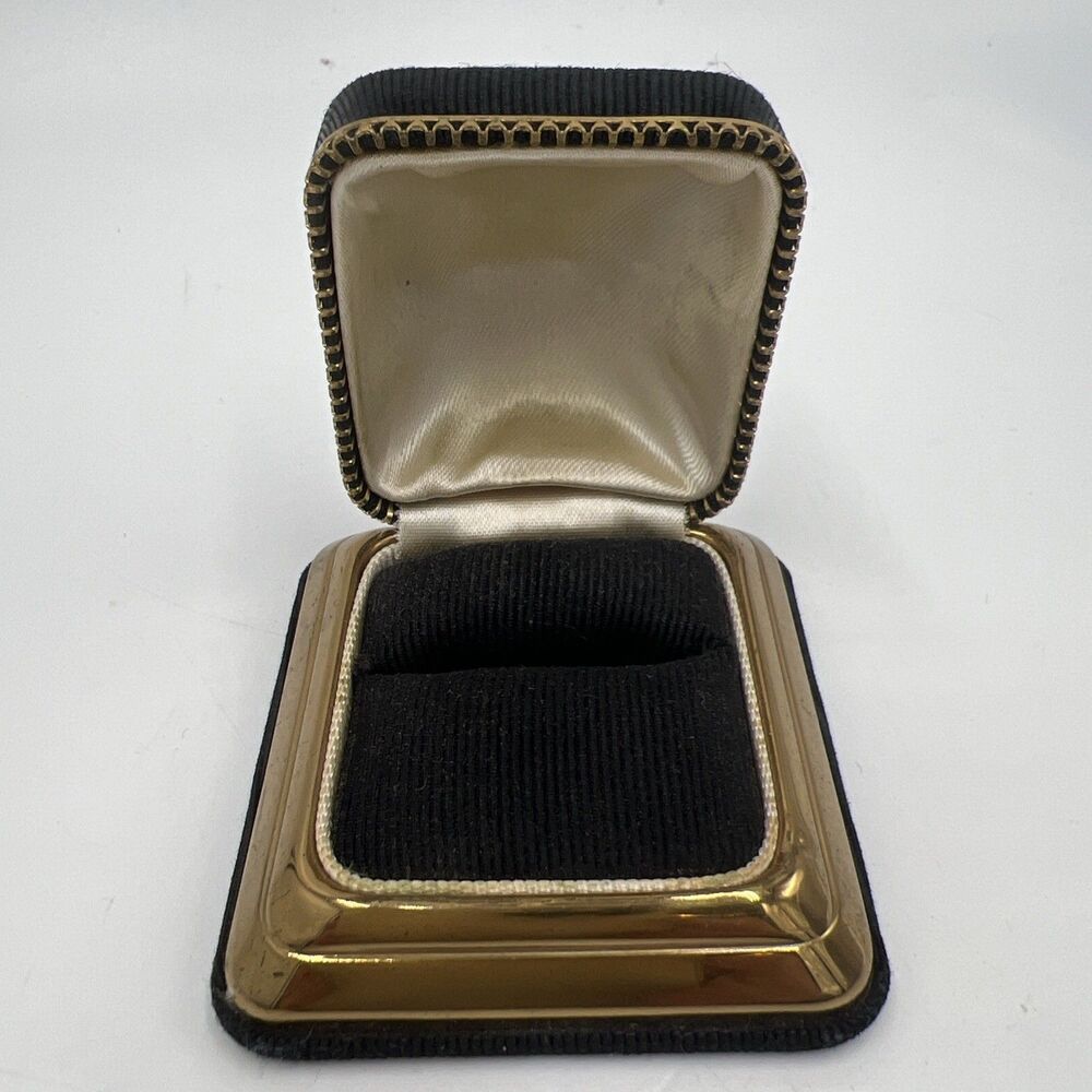 VTG Rare MIDCENTURY RING HOLDER PRESENTATION BOX Black & Gold Engagement Wedding